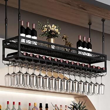 Imagem de Prateleira de vinho suspensa com suporte de vidro, suporte de metal ajustável para copos de vinho, suporte de garrafa de ferro para bar Ckitchen/100 cm
