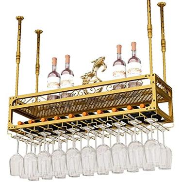 Imagem de Prateleiras de vinho montadas para pendurar com suporte de vidro e prateleira, barra de teto de metal ajustável montada na parede, suporte de garrafa de ferro de 2 camadas, prateleira de vinho (preto