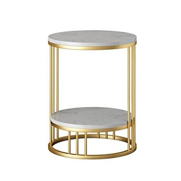 Imagem de Mesa de centro moderna, mesa lateral redonda com tampo de mármore, sala de estar, quarto, escritório, sofá, mesas resistentes com 2 prateleiras, moldura de metal dourado/preto (D 50 x 50 x 55 cm)