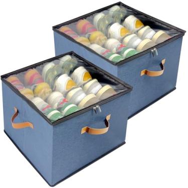 Imagem de Fuonsyn Pacote com 2 organizadores de sapatos, caixa de armazenamento de sapatos com capa transparente, divisórias ajustáveis para 16-32 pares de caixas de sapatos, organizador de zapatos, azul