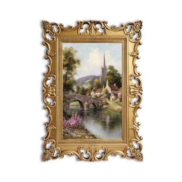 Imagem de MIDEFINCH Arte de parede barroca vintage, moldura dourada em relevo 3D com impressão de paisagem de ponte rural, decoração clássica da natureza para sala de estar, corredor, estudo, 30,5 x 22 cm