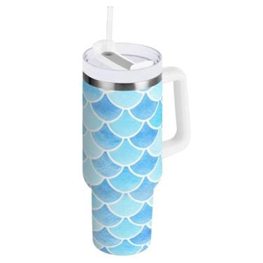 Imagem de Blueangle Copo isolado de 850 g com alça e tampa de canudo - Caneca de viagem de aço inoxidável à prova de vazamento, parede dupla a vácuo linda garrafa de água com escamas de sereia coloridas (366)