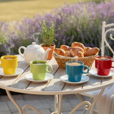 Imagem de Kit 4 Xícaras Porcelana Coloridas 180ml Com Suporte Mesa - Hauskraft