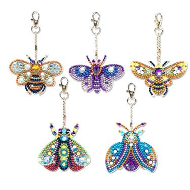 Imagem de 5 peças de insetos, kit de arte de diamante pendurado, kit de chaveiros de dupla face, chaveiros, artesanato, faça você mesmo, porta-chaves com animais, pintura com diamantes, pontos, pingente