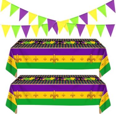 Imagem de Kochorie Pacote com 2 toalhas de mesa de plástico Mardi Gras com 2 faixas de flâmula, 274 x 137 cm, capa de mesa com tema de carnaval roxo, verde e amarelo, decoração de mesa de baile de máscaras para