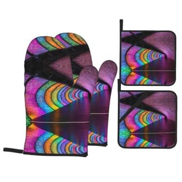 Imagem de Holographic Dreams - Conjunto de luvas de cozinha estampadas com suportes de tampa, luvas de forno resistentes ao calor para manusear panelas quentes, grelhar, churrascos, kit de 4 peças.
