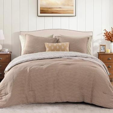 Imagem de BLOOMHAVEN Conjunto de edredom completo – Conjunto de cama de musselina de gaze marrom escuro para todas as estações, cama leve e respirável em uma bolsa completa com edredom, lençóis, fronhas e