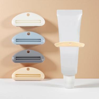 Imagem de Pacote com 2 espremedores manuais de pasta de dente, rolo de tubo de plástico ABS e chave para banheiro, tubos de cosméticos e tinta, reduz o desperdício, bege cinza