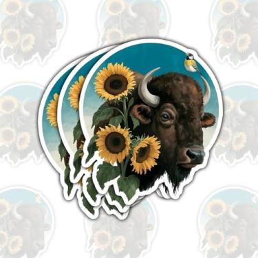 Imagem de 3 adesivos de bisão com girassóis, decalques de vinil de animais selvagens para laptop, caderno, diário, garrafa de água, para-choque de carro, presente para amantes da vida selvagem, entusiastas da