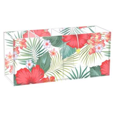 Imagem de Burbuja Porta-canetas de acrílico com flores de hibisco vermelho, 4 compartimentos, suporte de lápis transparente para pincéis de maquiagem, acessórios de mesa de escritório em casa
