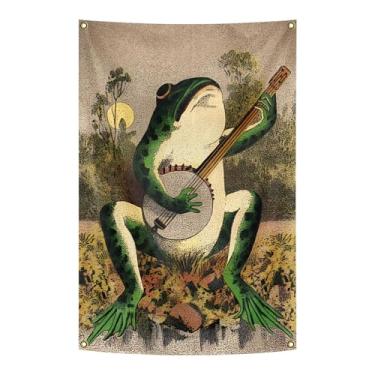Imagem de Bandeiras engraçadas vintage boho para pendurar na parede 91 x 61 cm, banjo brincando de sapo, tapeçaria vertical estética para quarto, sala de estar, dormitório (brincar)