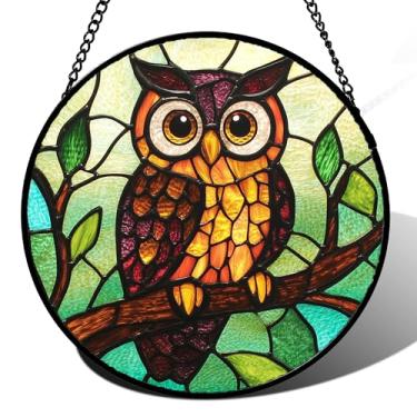 Imagem de HWRHTR Vitral para pendurar – Coruja em um ramo, apanhador de sol para portas, janelas, casa, laranja, marrom, apanhadores de sol, decoração de Natal, Dia das Mães, presentes de aniversário para