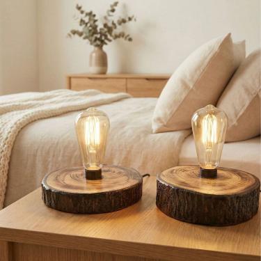 Imagem de 2 Luminarias Rusticas de Mesa 19x18-18,5x18cm Madeira E27