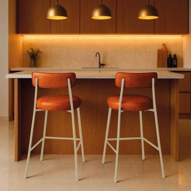 Imagem de Banqueta Cozinha Média Com Encosto Industrial Champanhe Kit 2 Londres Pu D03 - D`rossi Nozes