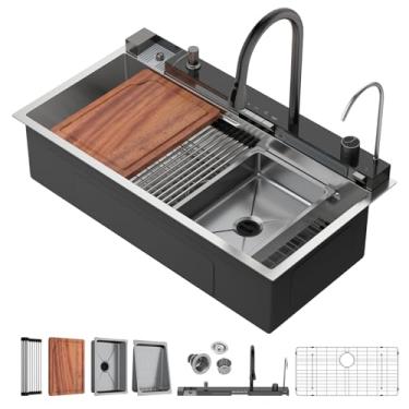 Imagem de Pia de cozinha em cascata de 91 cm – Beslend 91 x 48 cm, pia em cascata, estação de trabalho de aço inoxidável, pias inteligentes modernas, tigela única de calibre 16 com combinação de torneira