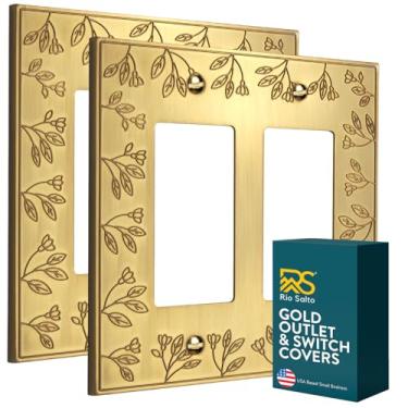 Imagem de Rio Salto Floral Colletion 2 Gangs Double Midsize Rocker Outlet Cover ou Switch Plate Covers Decorativo Flower Wall Plate (Latão Dourado, 2 Rocker 2PK)