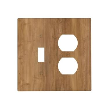 Imagem de Naiqadnehz Capas de tomada rústica marrom quente grão de madeira 1 interruptor 1 interruptor duplex capas de placa de interruptor de luz elétrica placa decorativa de parede para decoração de cabana de