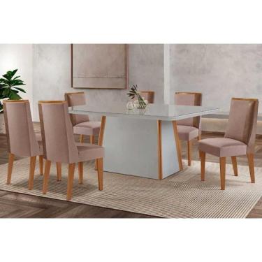 Imagem de Sala Jantar Mesa Tilia Tampo c/ Vidro Curvo 180cm+6 Cadeiras Tilia Naturale/Off White - Linho Capuccino - Rufato