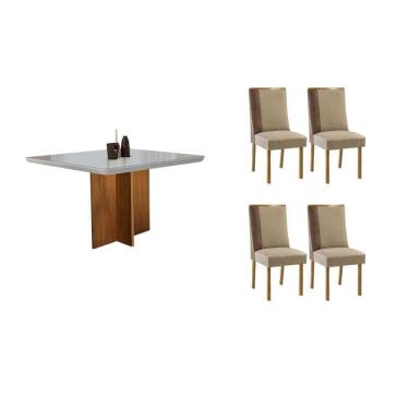 Imagem de Sala Jantar Mesa Berlim Tampo c/ Vidro Curvo 90cm+4 Cadeiras Tilia Madeira Naturale/Off White - Capuccino/Suede Creme - Rufato