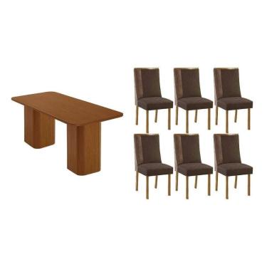 Imagem de Sala Jantar Mesa Maldivas Tampo Curvo 180cm+6 Cadeiras Tilia Madeira Naturale - Capuccino/Suede Marrom - Rufato
