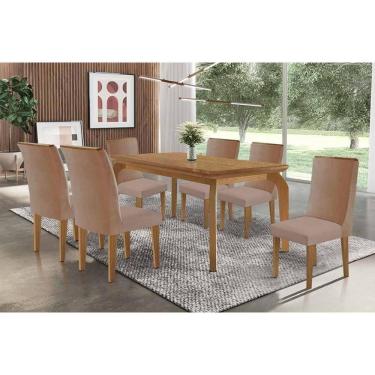 Imagem de Sala Jantar Mesa Londrina Tampo Curvo 180cm+6 Cadeiras Dakota Madeira Naturale - Capuccino/Linho Capuccino - Rufato