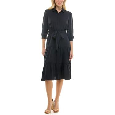 Imagem de Nicole Miller Vestido feminino de manga curta em camadas com cinto de faixa, Azul-marinho profundo, 42