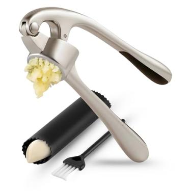 Imagem de Conjunto de espremedor de alho – para gengibre picado, triturado e pasta de alho, fácil de espremer, descascar e limpar com descascador de silicone e escova de limpeza – Liga de zinco durável