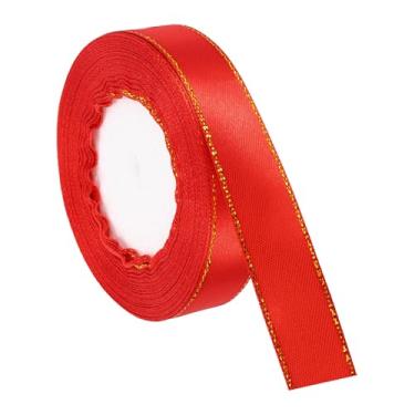 Imagem de PATIKIL Fita de cetim com borda dourada, fita de cetim de poliéster dupla face para embrulho de presente, buquês de flores, laços de cabelo, projetos de costura, vermelho brilhante