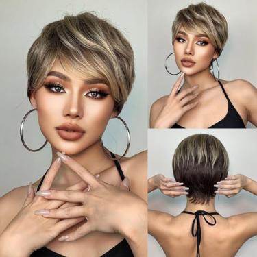 Imagem de Peruca Pixie Cortada em Camadas Curta Feminina com Franja Cabelo Aspecto Natural Fluffy Sintética de Alta Temperatura Confortável Respirável Rede