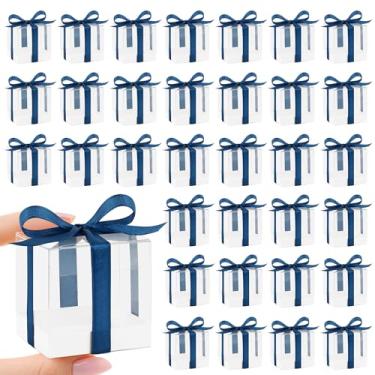 Imagem de Hxezoc Pacote com 50 caixas de lembrancinhas de 5 x 5 x 5 cm com fitas azuis marinhas, mini presente de plástico para casamento, festa de aniversário, chá de bebê, suprimentos de decoração de sala de