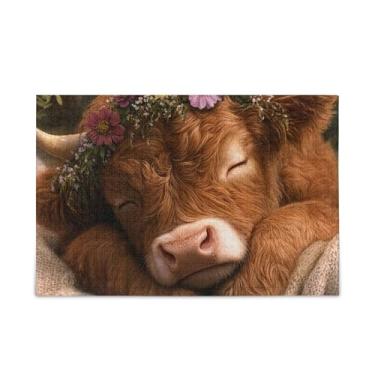 Imagem de Quebra-cabeças engraçados de vaca Highland com 1000 peças, composto de papel e madeira para adultos com bolsa de armazenamento