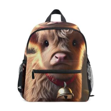 Imagem de GAIGEO Christmas Highland Cow Cute Little Kids Backpack with Whistle, 2 Bottle Pockets, Lightweight, Kindergarten Backpack 10x4x12 In, for Ages 3-8