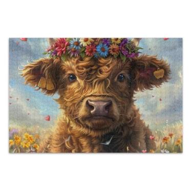 Imagem de Quebra-cabeça de vaca com flores, desafiador, quebra-cabeça divertido para adultos e crianças, tamanho final 75 x 50 cm