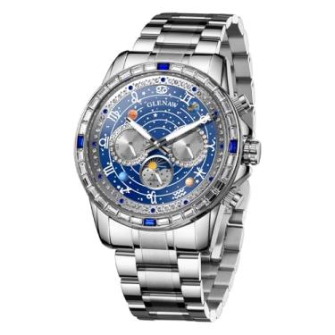 Imagem de Glenaw Relógios automáticos masculinos - Relógio mecânico masculino com mostrador giratório com estrela celestial, mostrador diurno e fase da lua, relógio de corda automática, ponteiros luminosos