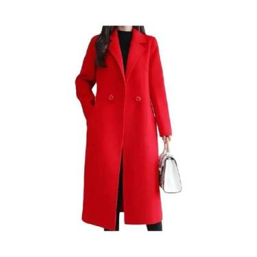 Imagem de Casaco Feminino Estilo Retrô Médio-Longo Laranja Vermelho Bege Jaqueta