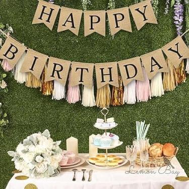 Imagem de Faixa rústica de feliz aniversário de serapilheira - guirlanda de juta pendurada com rabo de andorinha para decorações de festa de aniversário, suprimentos de celebração interna/externa (preto)