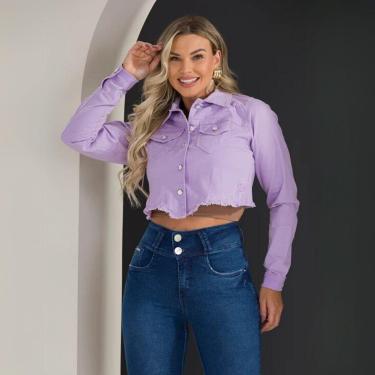 Imagem de Jaqueta Feminina Cropped Jeans Collor (Não Desbota) Fecho em Botões Manga longa elastano lycra-Feminino