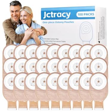 Imagem de 100 peças de sacos de colostomia, suprimentos de ostomia de uma peça, corte de 15 mm a 60 mm para bolsa de ostomia, bolsas drenáveis com fecho para cuidados com o estoma de ileostomia