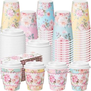 Imagem de Jingmore 48 peças de copos de café de papel floral de 227 g com tampas e mangas design floral xícaras de café descartáveis xícaras de chá de flores coloridas para chá de festa de casamento, recepção