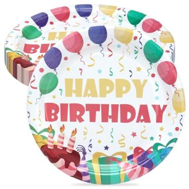 Imagem de wonmon 40 peças de pratos de papel de feliz aniversário, 17,8 cm redondos descartáveis coloridos balões pratos de presente sobremesa prato de bolo para crianças festa de aniversário jantar utensílios