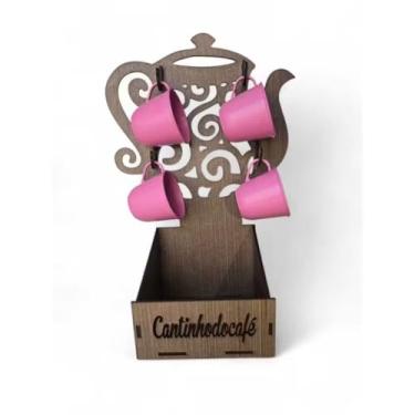 Imagem de Suporte Bule + 4 Xícaras Cantinho do Café Chá Escolha Cor Porta Xícaras Cozinha Organizador Bandeja (Bule Marrom C/Xicara Rosa)