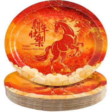 Imagem de Fancy Land Pratos de papel ovais de ano novo chinês, bandeja descartável do ano do cavalo, festival de primavera, decoração de utensílios de mesa com cavalo galopante, nuvens douradas para festa de