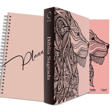 Imagem de Kit Leão Rosa - Planner Capa Lisa + Bíblia Capa Dura NAA + Marca Página