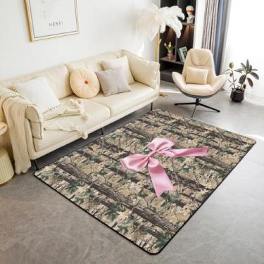 Imagem de Erosebridal Tapete de área com laço, 1,78 m x 9,5 cm, camuflado, para sala de estar, para crianças, meninos, meninas, caça, floresta, laço, fita, vida selvagem, cervo, tapete decorativo, marrom, rosa