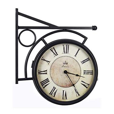 Imagem de Lss9azznmm Ferro forjado com aparência antiga marrom redondo parede dupla face relógio retrô estação relógio redondo fácil de ler (cor: preto tamanho: diâmetro 30 cm)