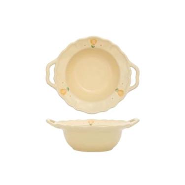 Imagem de Prato de sobremesa de salada de cerâmica amarelo leite cor amarelo leite - tigela de sopa binaural de 21,6 cm