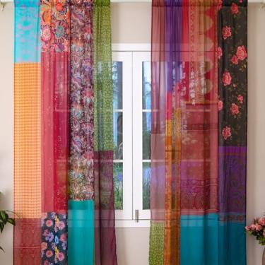 Imagem de Oudain 2 pares de cortinas indianas de sari de mistura de seda antiga, 203 x 203 cm, imitação indiana, vintage, mistura de seda, cortinas multicoloridas, feitas à mão, para casa, sala de estar, quarto