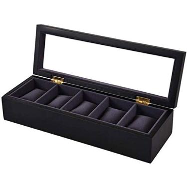 Imagem de Caixa de relógio com 5 compartimentos, caixa de armazenamento de exibição de relógio com tampa de vidro como presente, com forro de veludo, almofadas e trava, preta