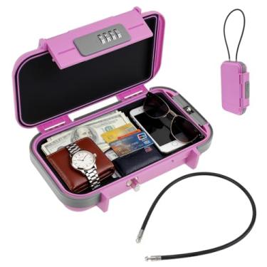 Imagem de HOJLKLD Cofre portátil, caixa de segurança combinada com código, caixa de segurança à prova d'água anti-roubo com corrente removível para praia, dormitório, armazenamento de itens pessoais (rosa)