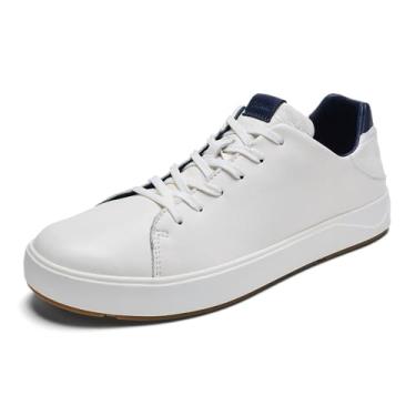 Imagem de OLUKAI Lae'ahi Li 'ILI Tênis masculino de couro, sapatos de couro de flor integral flexível, salto embutido e solas de borracha para todos os climas, Branco brilhante/azul trench, 39